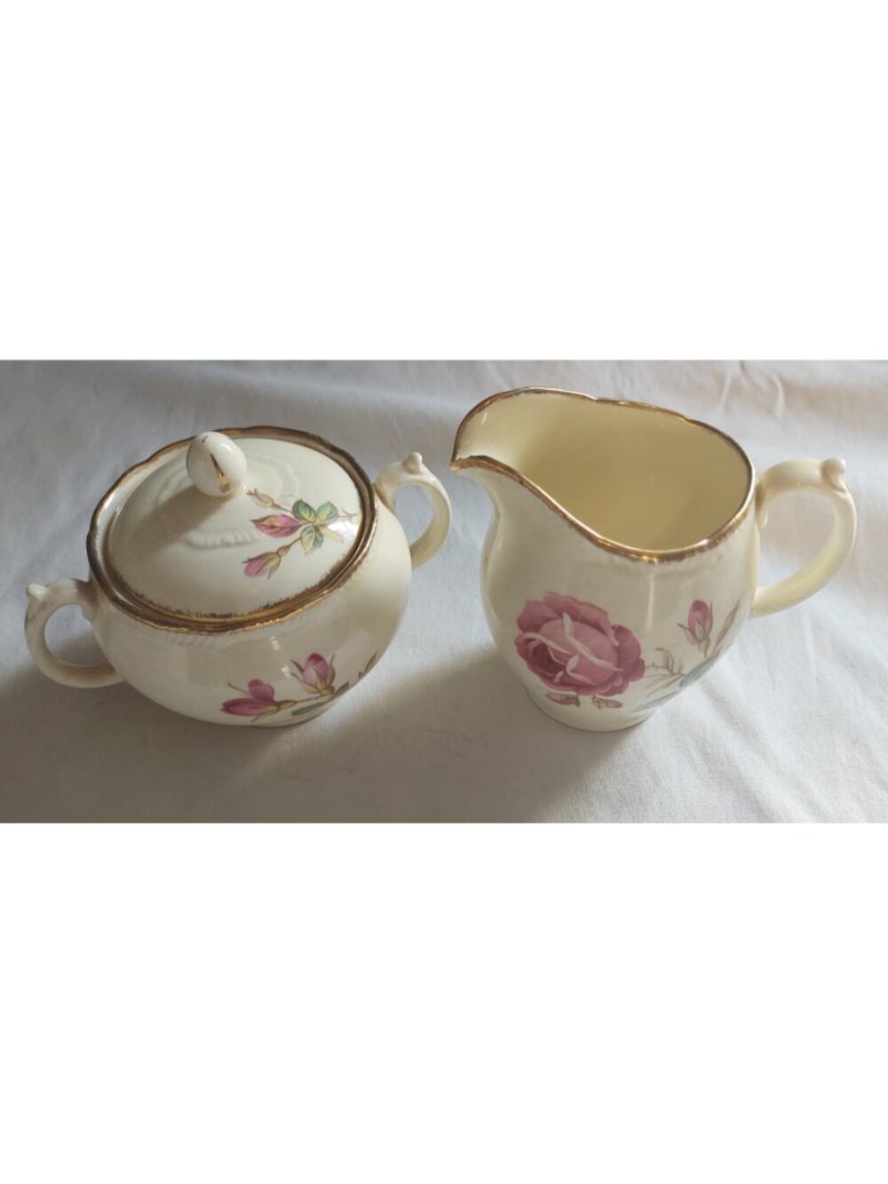 Vintage Royal Swan Staffordshire Roses Creamer & Sugar Bowl Set Pink Roses 22K G